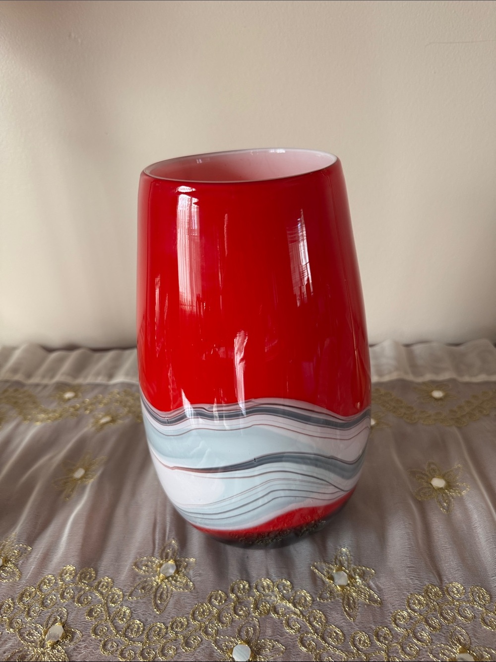Red Glass Accent Vase with White & Gray Wave Band